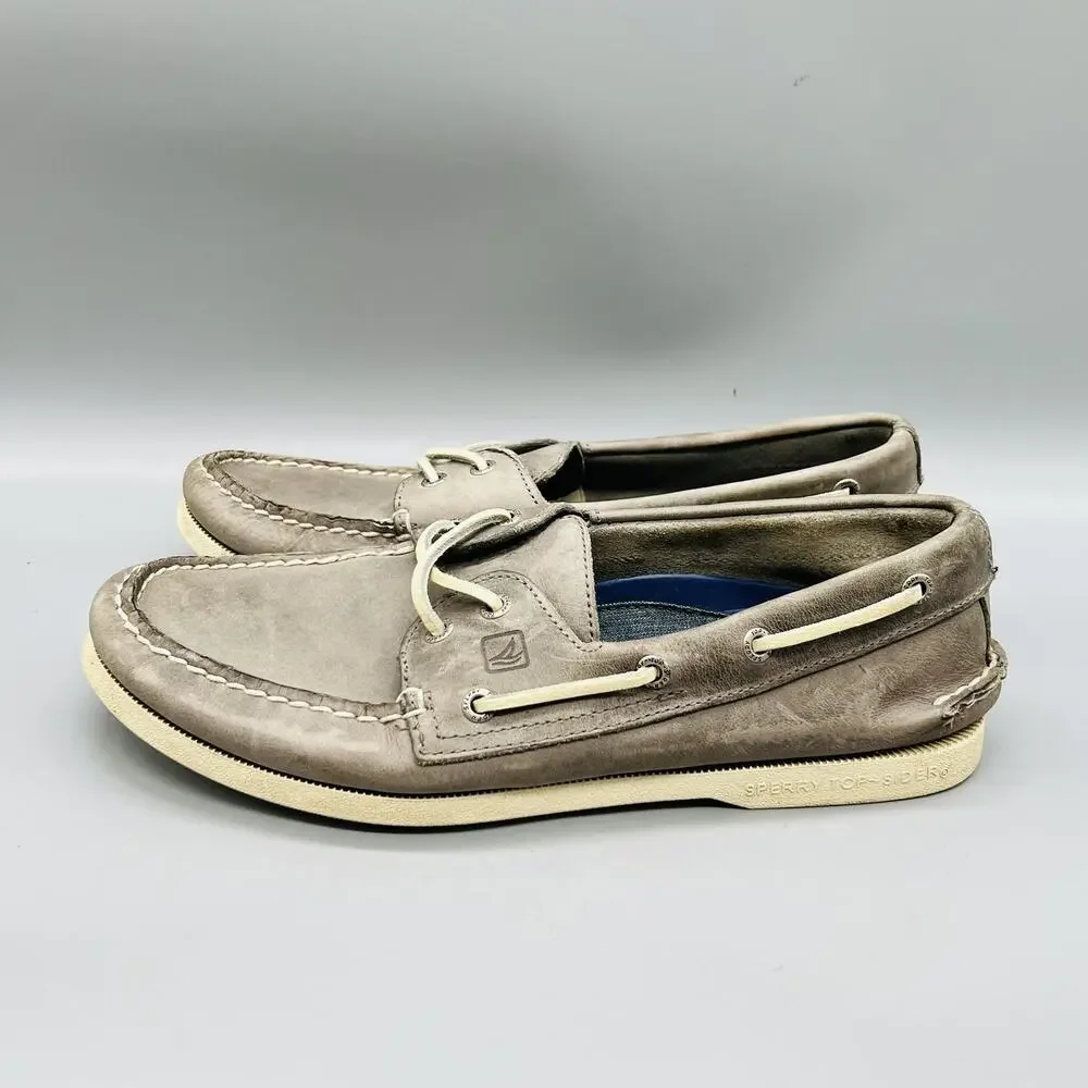 Sperry Shoes Mens 9.5 Gray Leather Top Sider J Crew Boat Moc Toe Casual Comfort